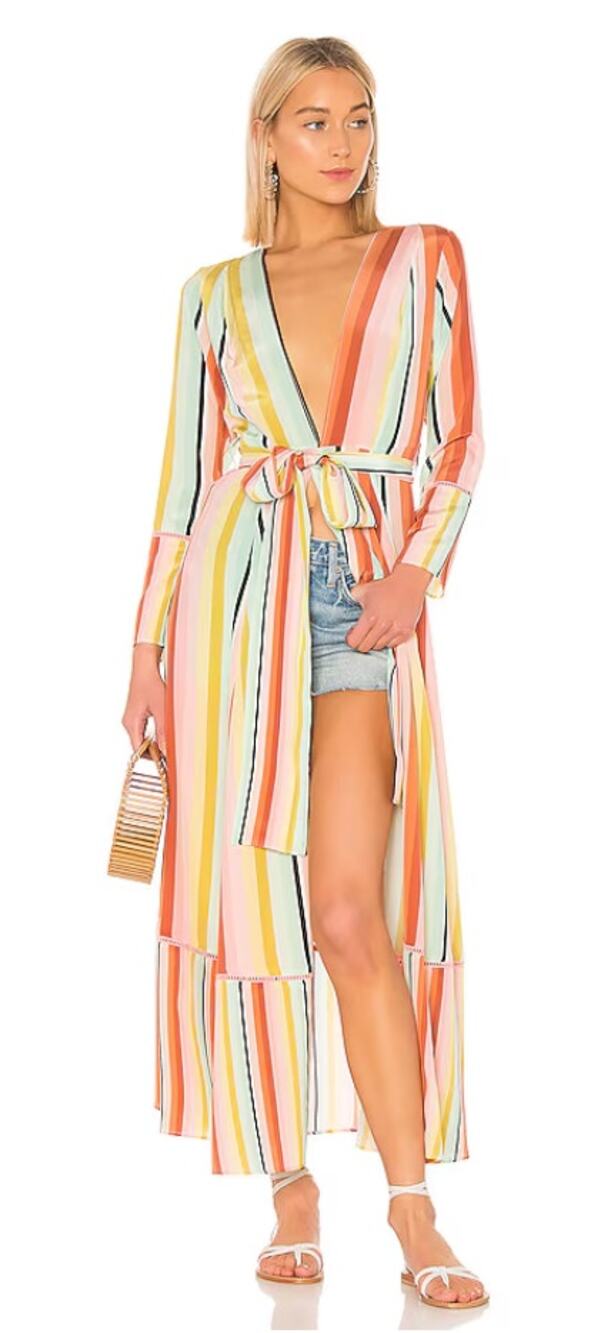 We Are LEONE Contrast Maxi Cardigan Striped Tie Dress Womens Large Medium Silk